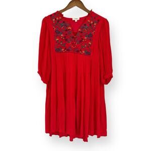 Umgee Red Embroidered 3/4 Sleeve Mini Dress Tunic Size M Boho V-Neck Gauzy